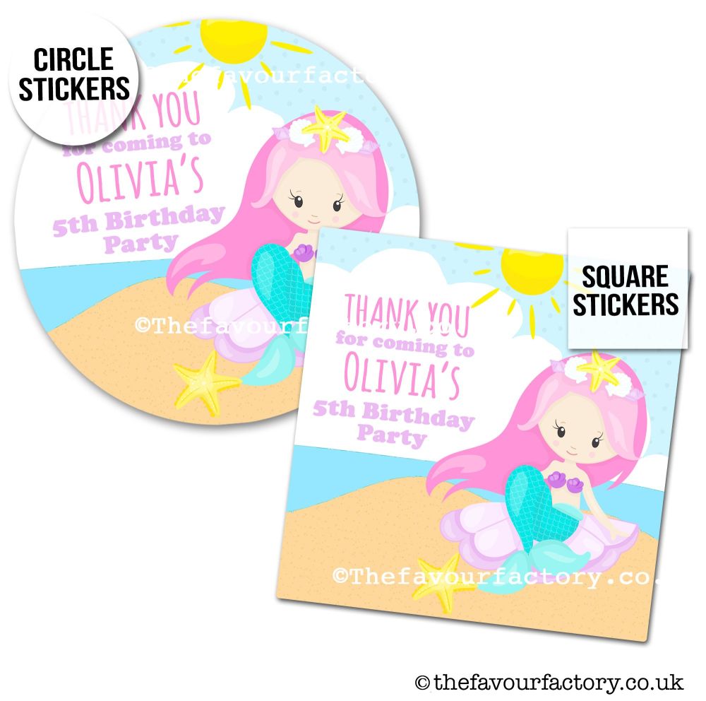 Pink Mermaid Birthday Party Stickers 