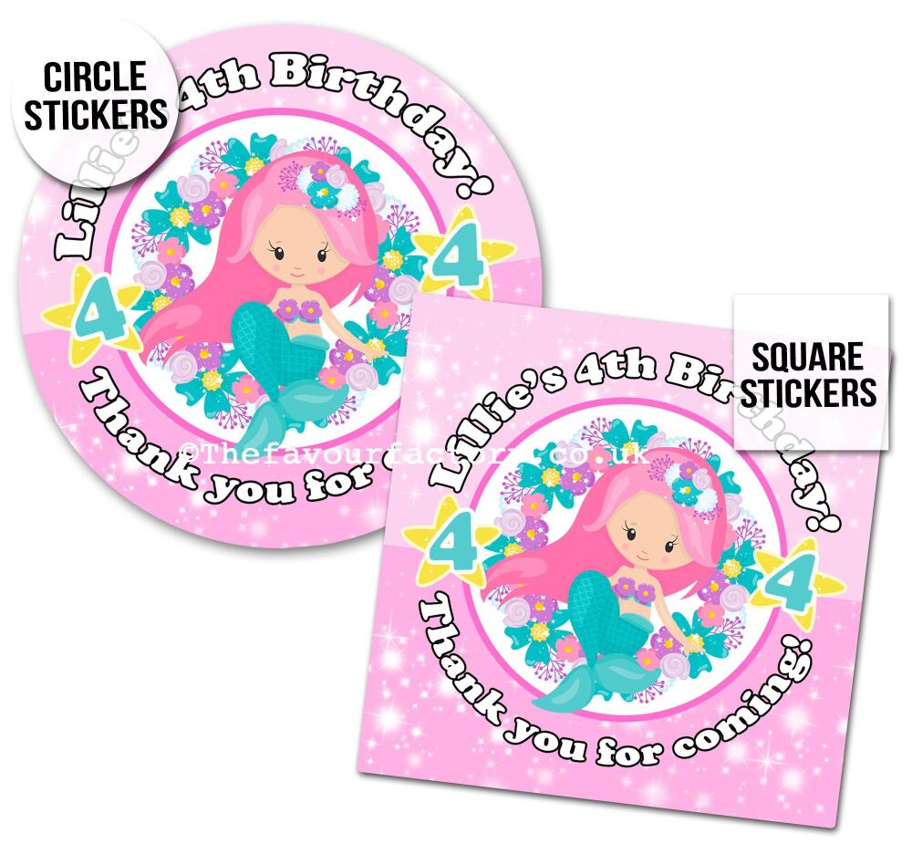 Childrens Party Stickers Floral Mermaid x1 A4 Sheet