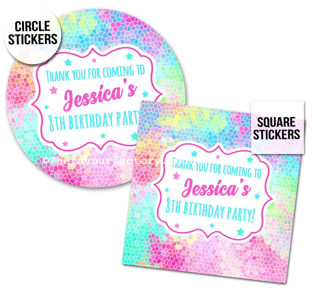 Pastel Rainbow Mosaic Party Stickers Birthday Labels