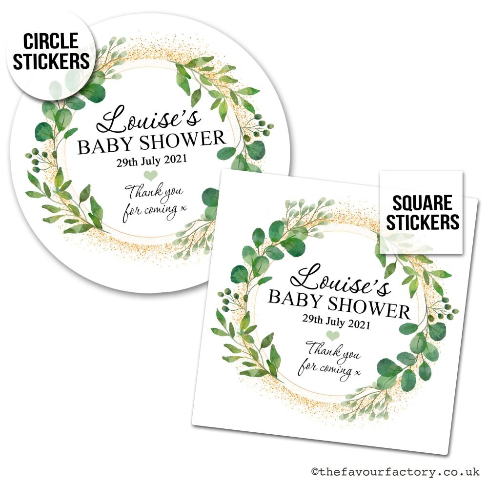 Personalised Stickers Baby Shower Botanical Gold Dust A4 Sheet Pre-Cut x1