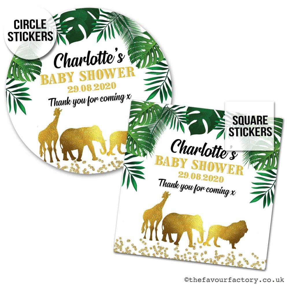 Baby Shower Favour Stickers Gold Safari Animals A4 Sheet Pre-Cut x1