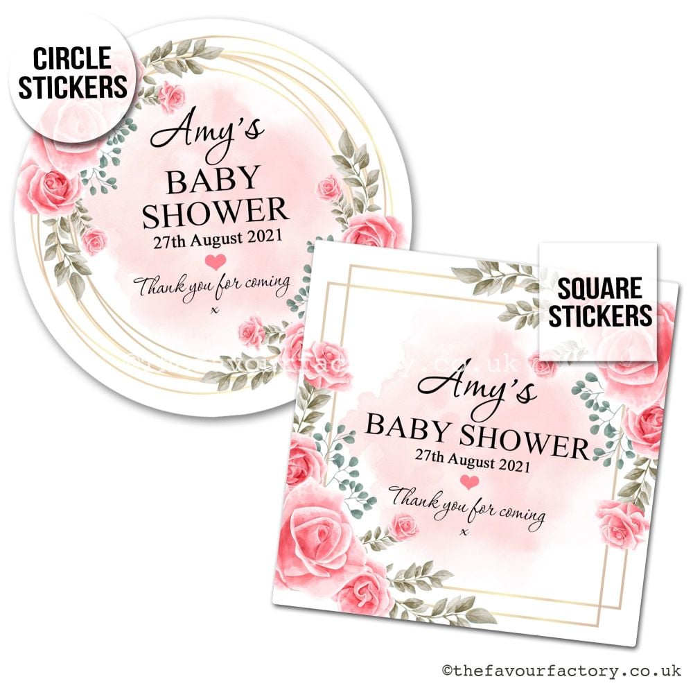 Baby Shower Favour Stickers Boho Pink Roses x1