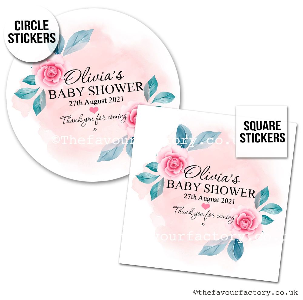 Personalised Stickers Baby Shower Watercolour Splash Pink Roses x1