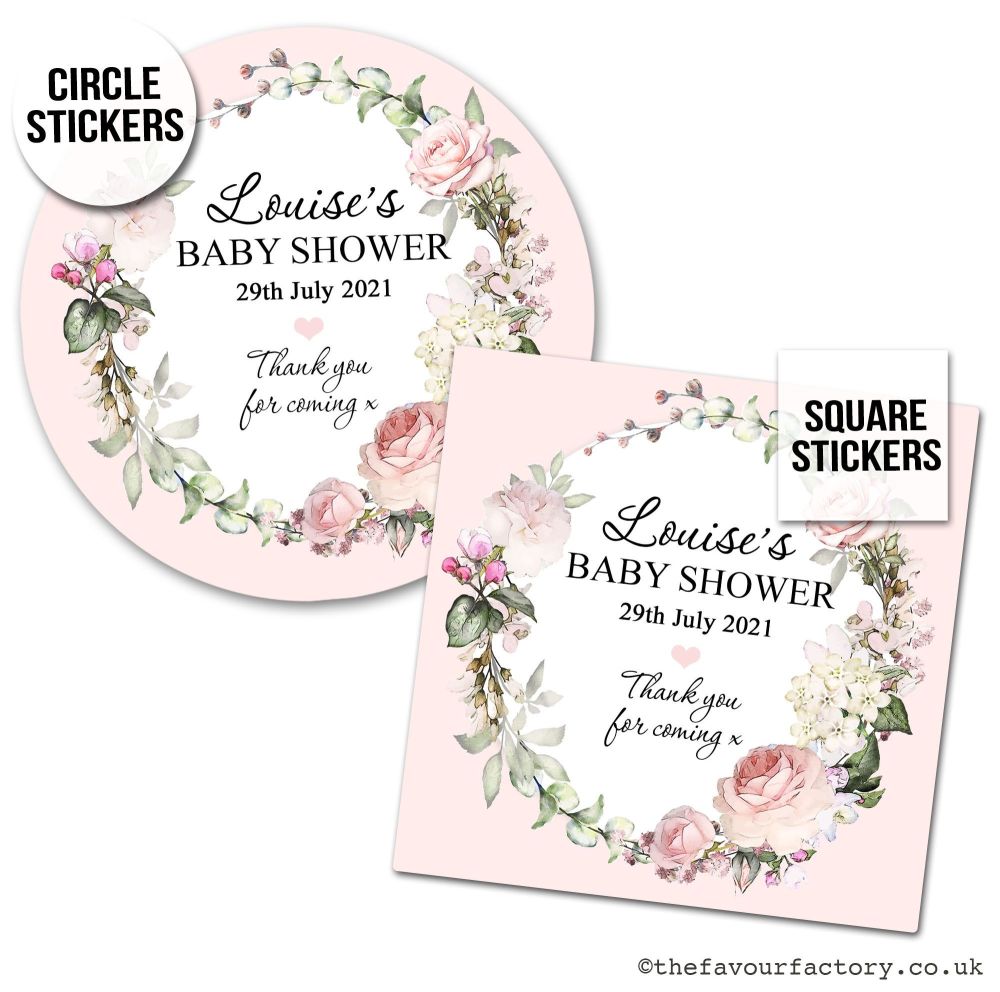Baby Shower Favour Stickers Vintage Floral Wreath x1