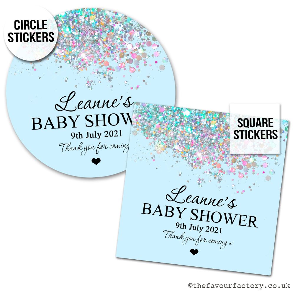 Personalised Stickers Baby Shower Baby Blue Iridescent Glitter - A4 Sheet x1