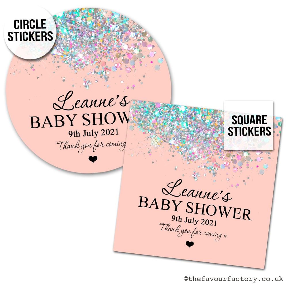 Personalised Stickers Baby Shower Rose Gold Iridescent Glitter - A4 Sheet x1