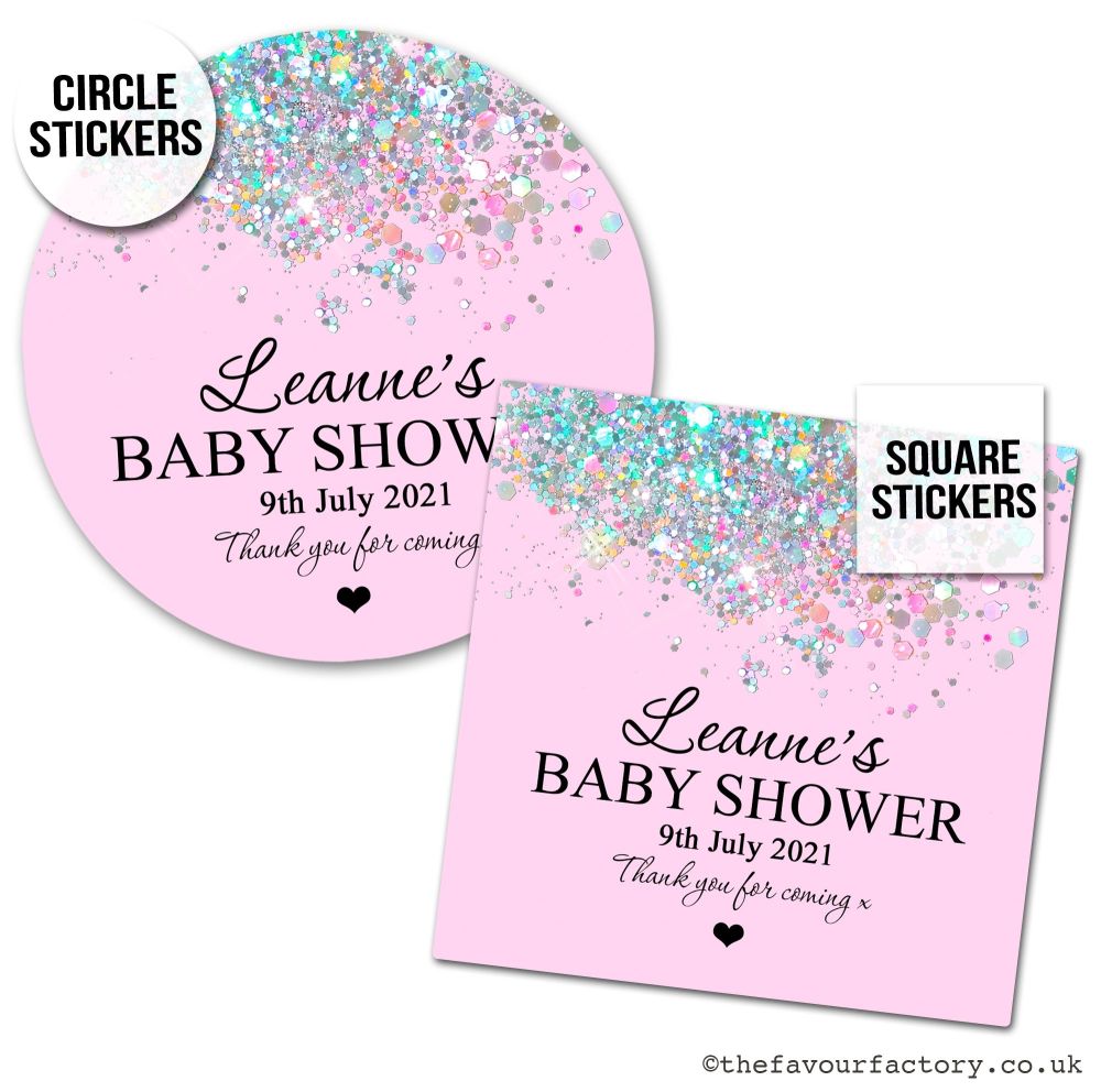 Baby Shower Favour Stickers Baby Pink Iridescent Glitter - A4 Sheet x1
