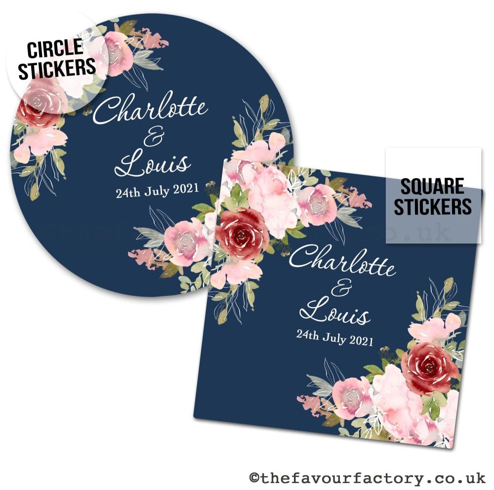 Wedding Favour Stickers Navy With Blush & Burgundy Florals - A4 Sheet x1
