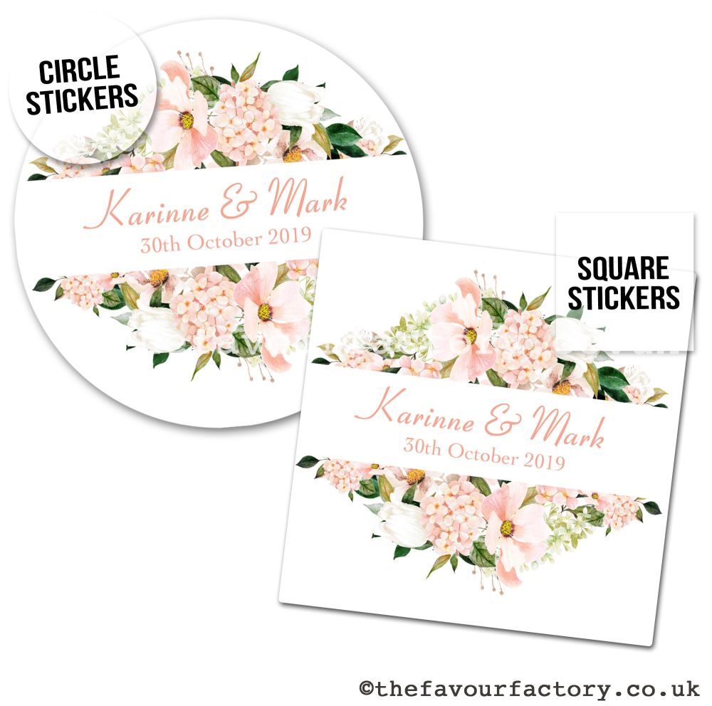Wedding Favour Stickers Blush Hydrangeas Frame - A4 Sheet x1