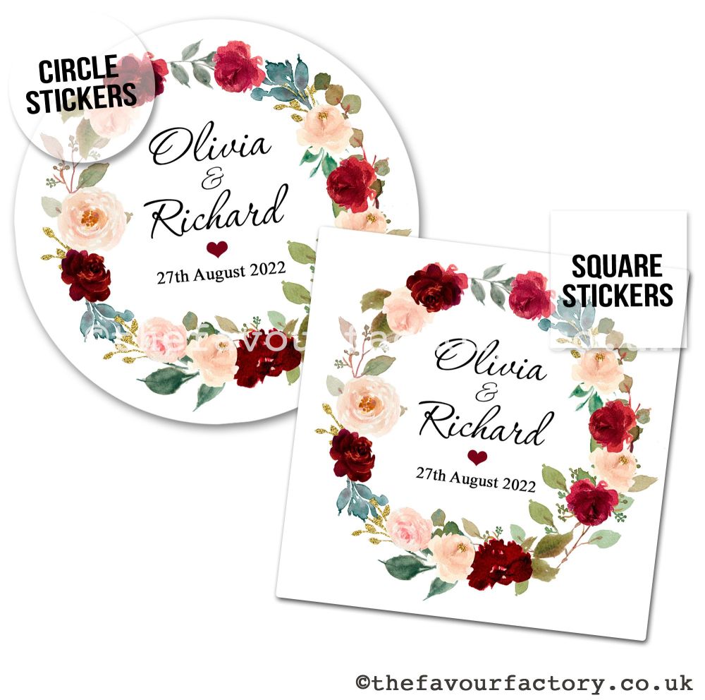 Personalised Stickers Wedding Burgundy & Blush Floral Roses Wreath