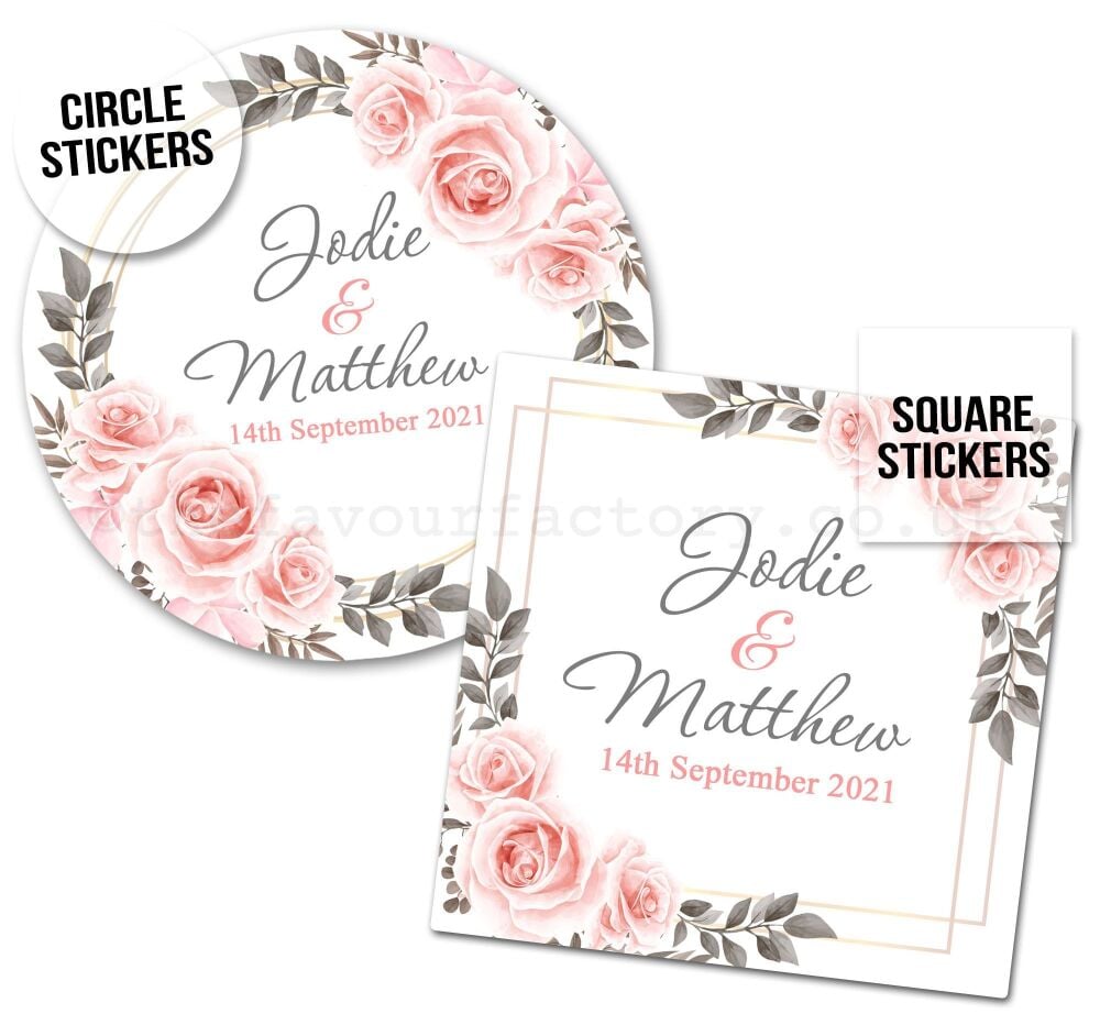 Blush Pink Floral Roses Personalised Wedding Stickers