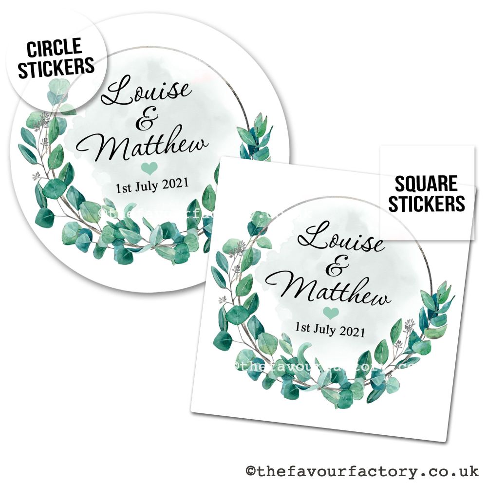 Personalised Wedding Stickers | Green Eucalyptus Plant Silver Wreath - A4 Sheet x1