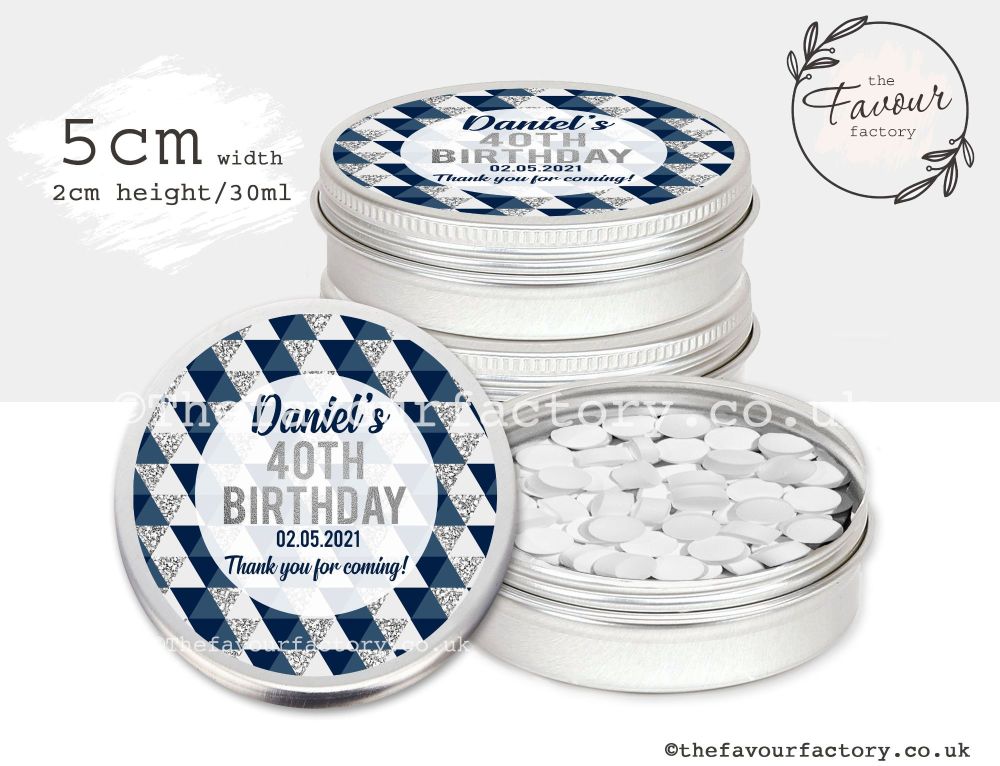 Adult Birthday Favour Tins Navy Silver Geometric Triangles x1