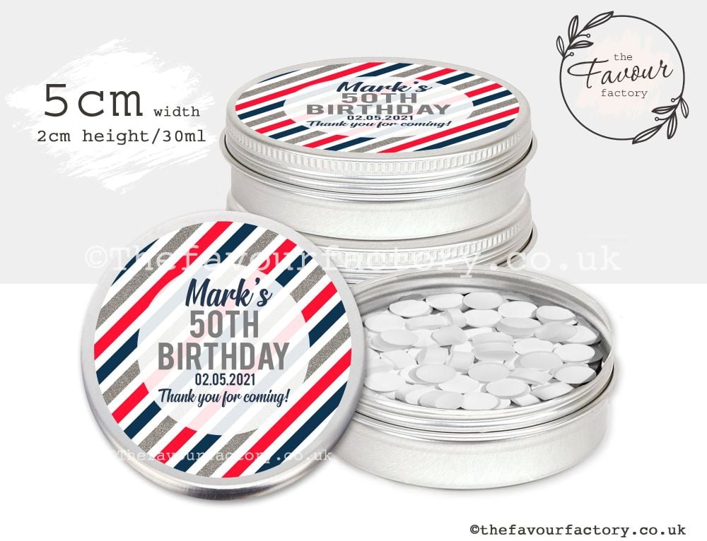 Adult Birthday Favour Tins Navy Silver Red Stripes x1