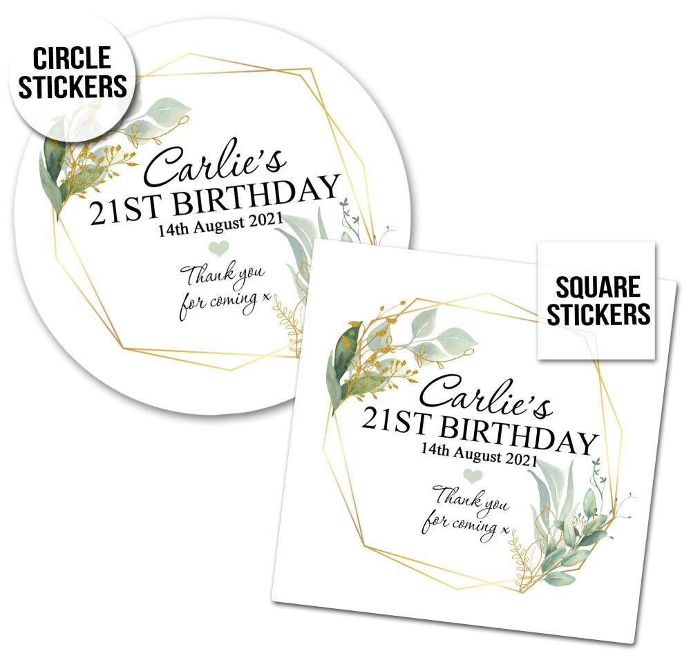 Botanicals Gold Geometric Frame Personalised Birthday Stickers