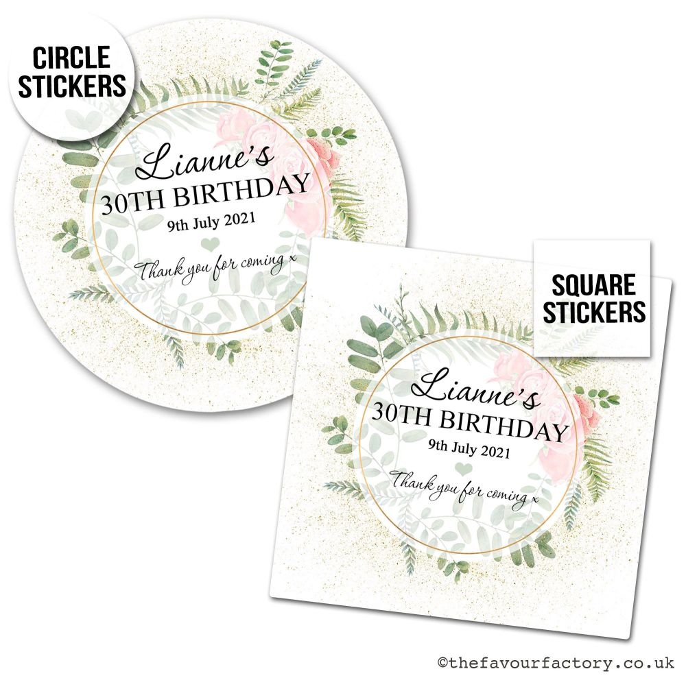 Birthday Favour Stickers Botanical Gold Dust Roses - A4 Sheet x1