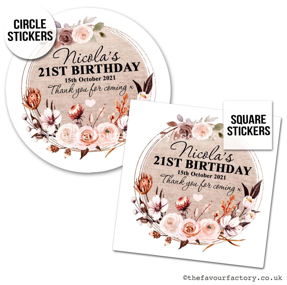 Birthday Favour Stickers Autumn Floral Burlap Frame - A4 Sheet x1