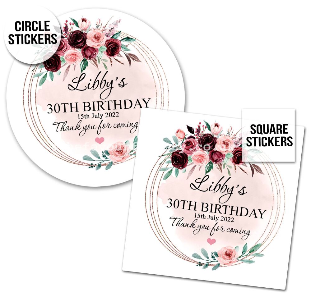 Personalised Stickers Burgundy Blush Watercolour Florals