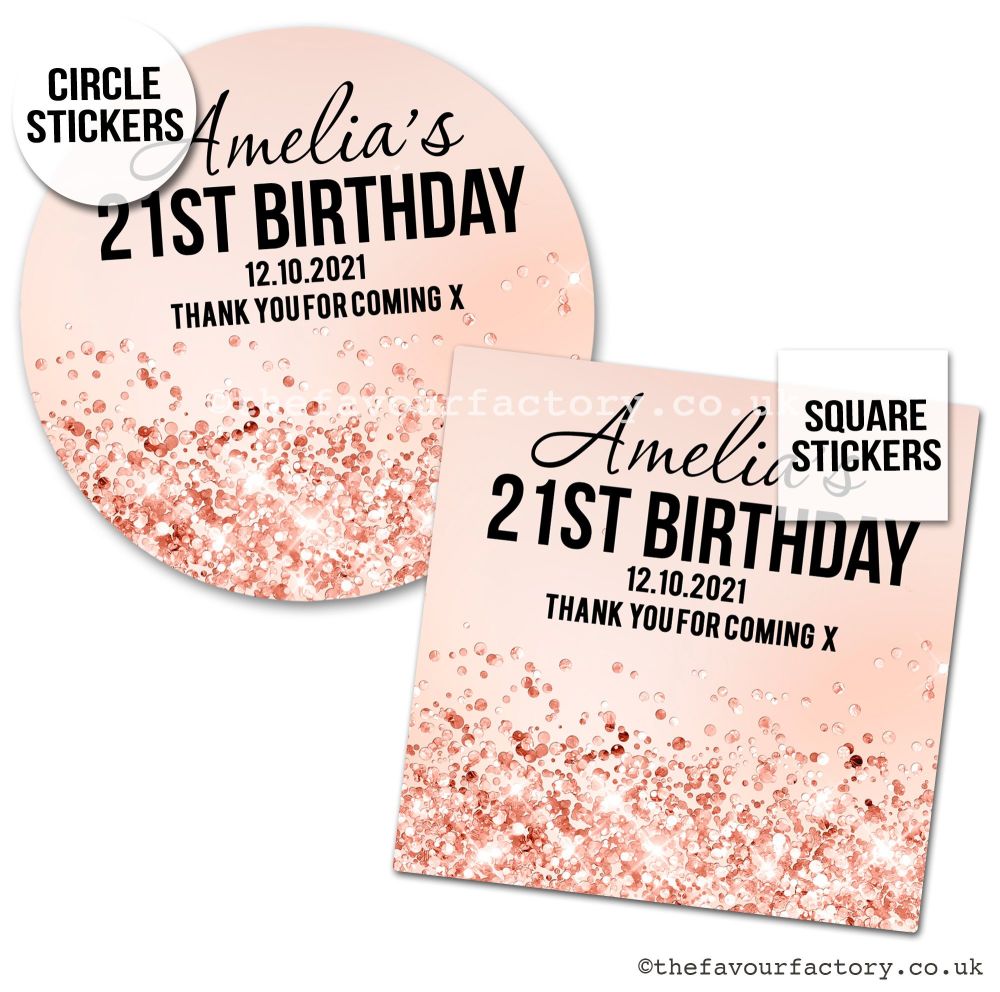 Rose Gold Glitter Confetti Personalised Birthday Stickers