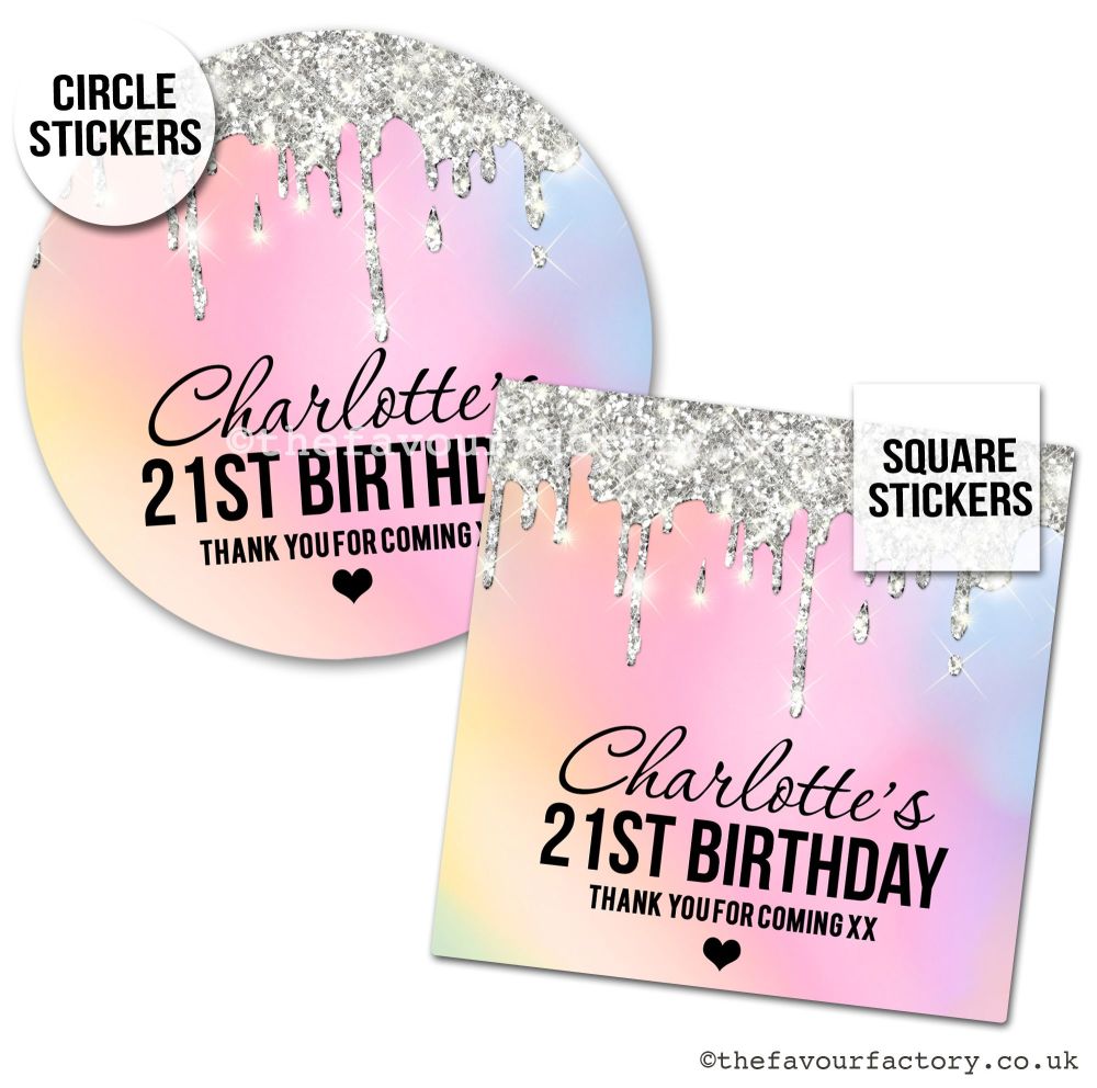 Birthday Favour Stickers Rainbow Silver Drip Glitter - A4 Sheet x1