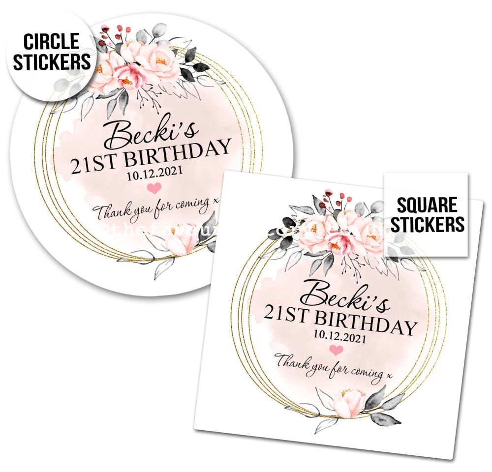 Blush And Grey Floral Frame Personalised Custom Birthday Stickers