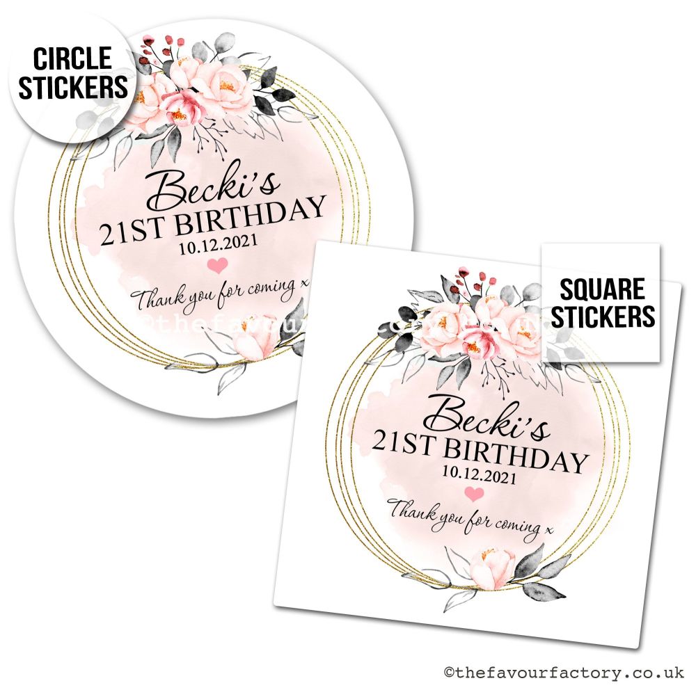 Birthday Favour Stickers Boho Blush Florals Grey Leaves - A4 Sheet x1