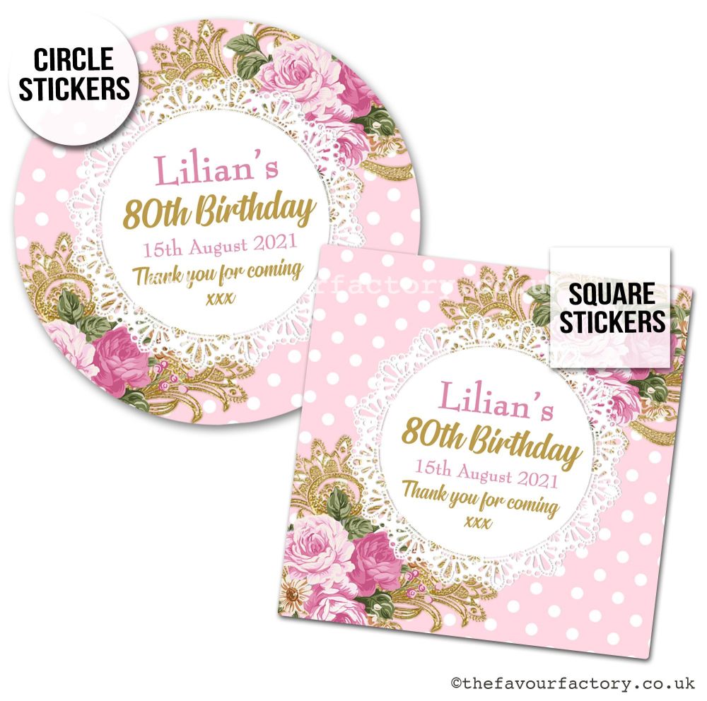 Personalised Stickers For Birthday Tea Party Ornate Roses x 1 A4 Sheet.