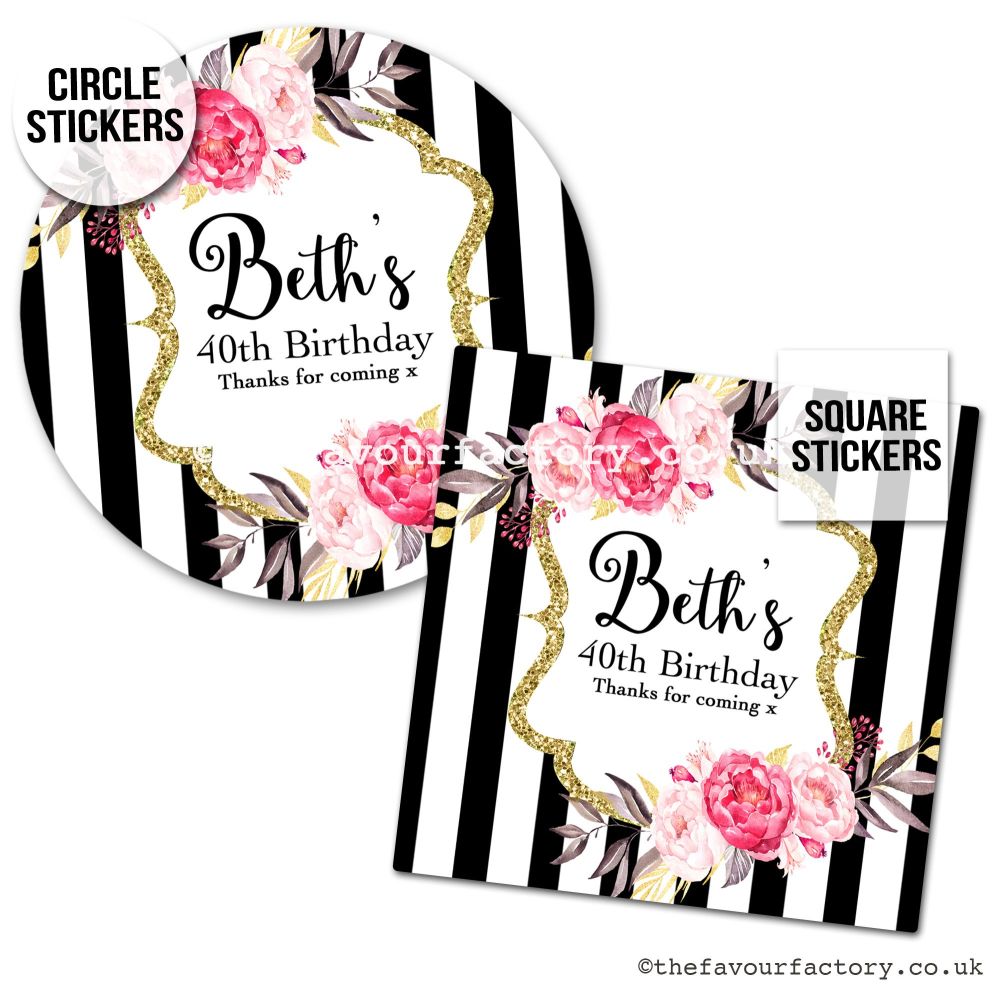 Birthday Favour Stickers Black Stripe Florals - A4 Sheet x1