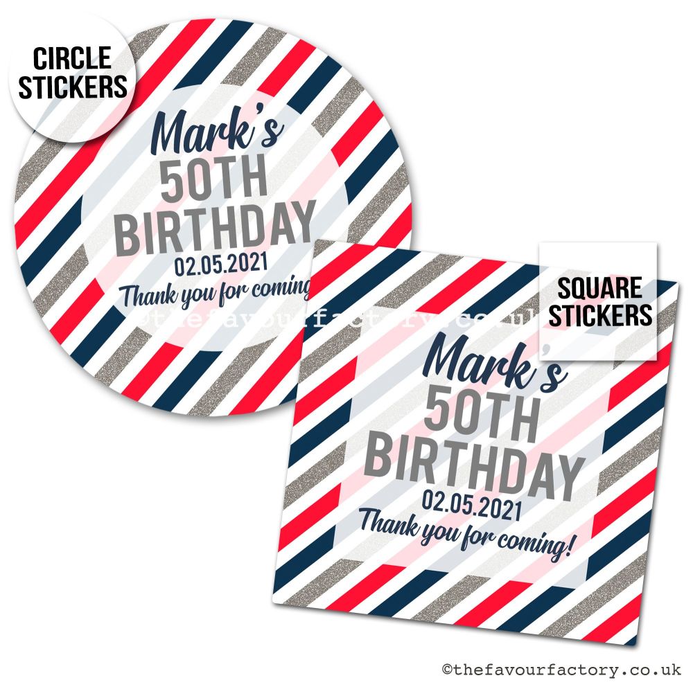 Birthday Favour Stickers Silver Navy Red Stripes - A4 Sheet x1