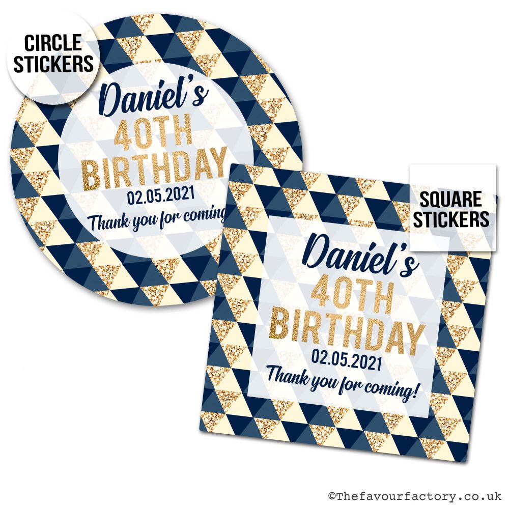 Gold And Navy Geometric Triangles Birthday Stickers