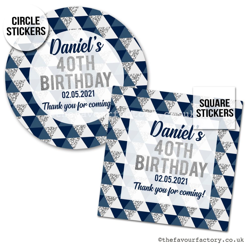 Personalised stickers Birthday Silver And Navy Geometrics