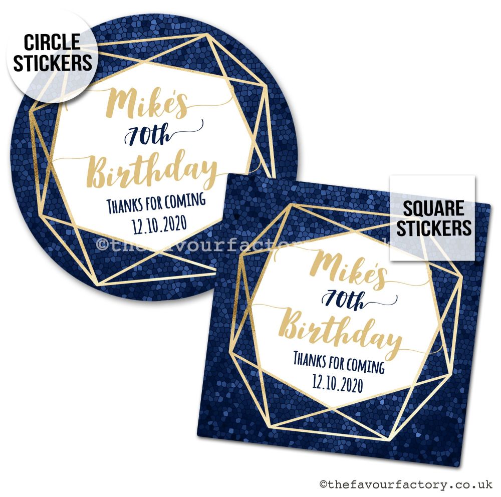 Navy And Gold Geometric Frame Personalised Birthday Stickers
