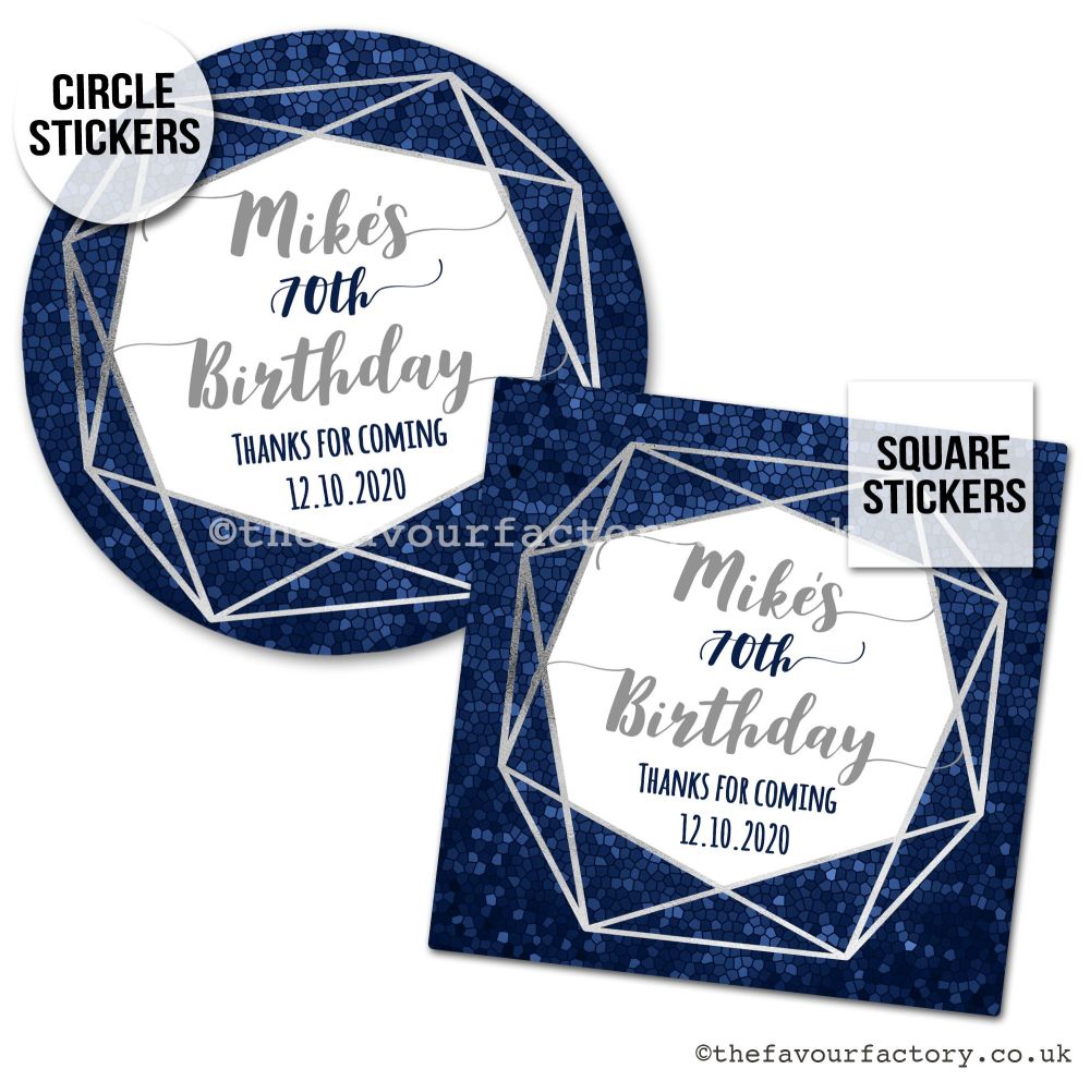 Navy And Silver Geometric Frame Personalised Birthday Stickers