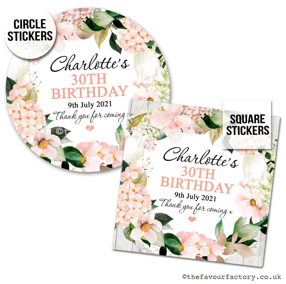 Birthday Favour Stickers Boho Blush Hydrangeas - A4 Sheet x1