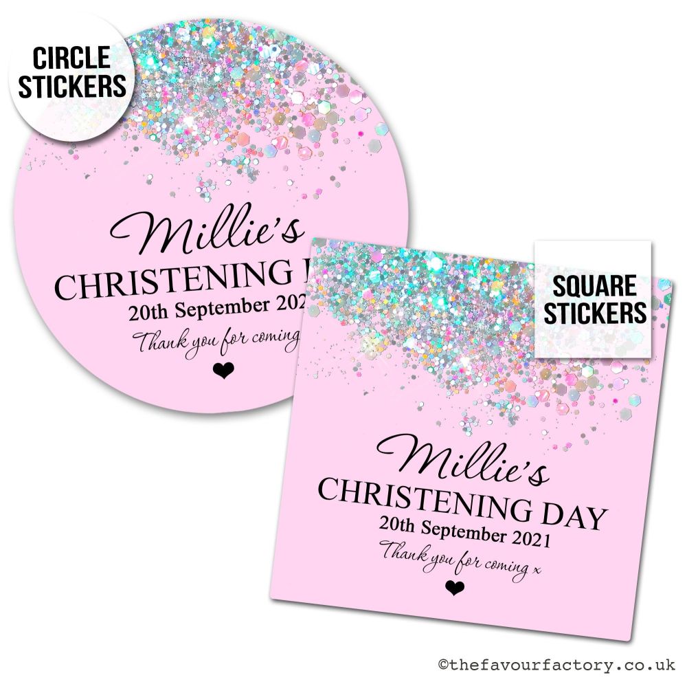 Pink Glitter Confetti Christening Stickers