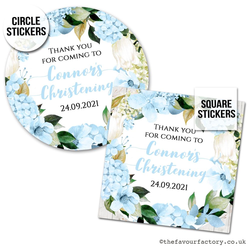 Christening Favour Stickers Blue Hydrangeas - A4 Sheet x1