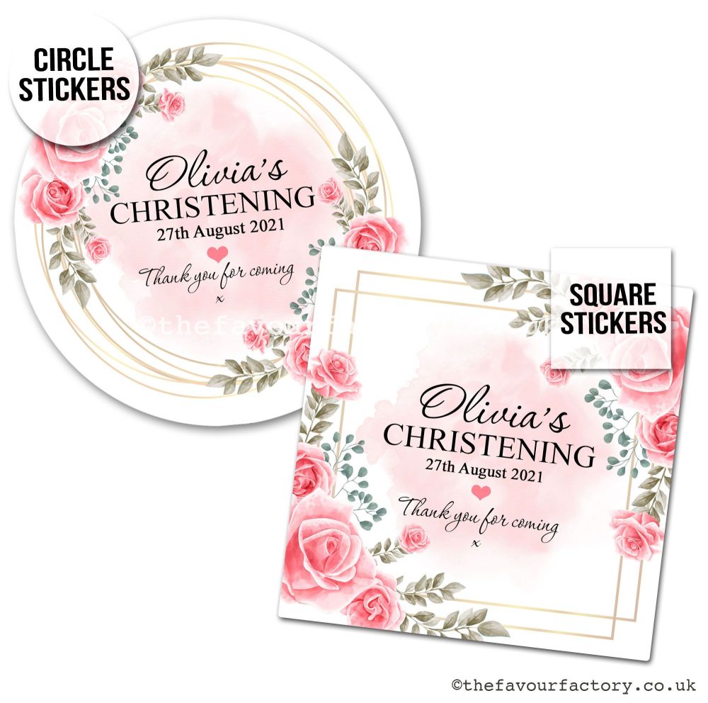 Watercolour Pink Roses Christening Stickers