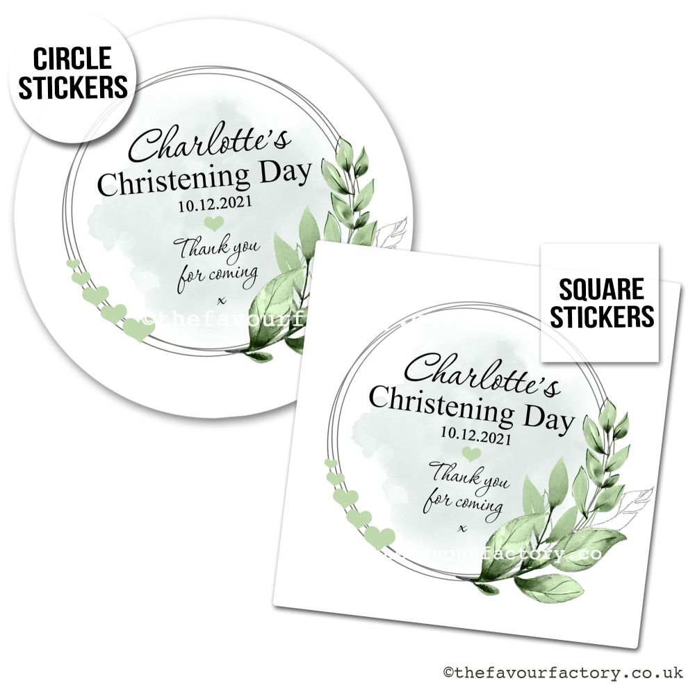 Botanical Leaves And Hearts Christening Stickers