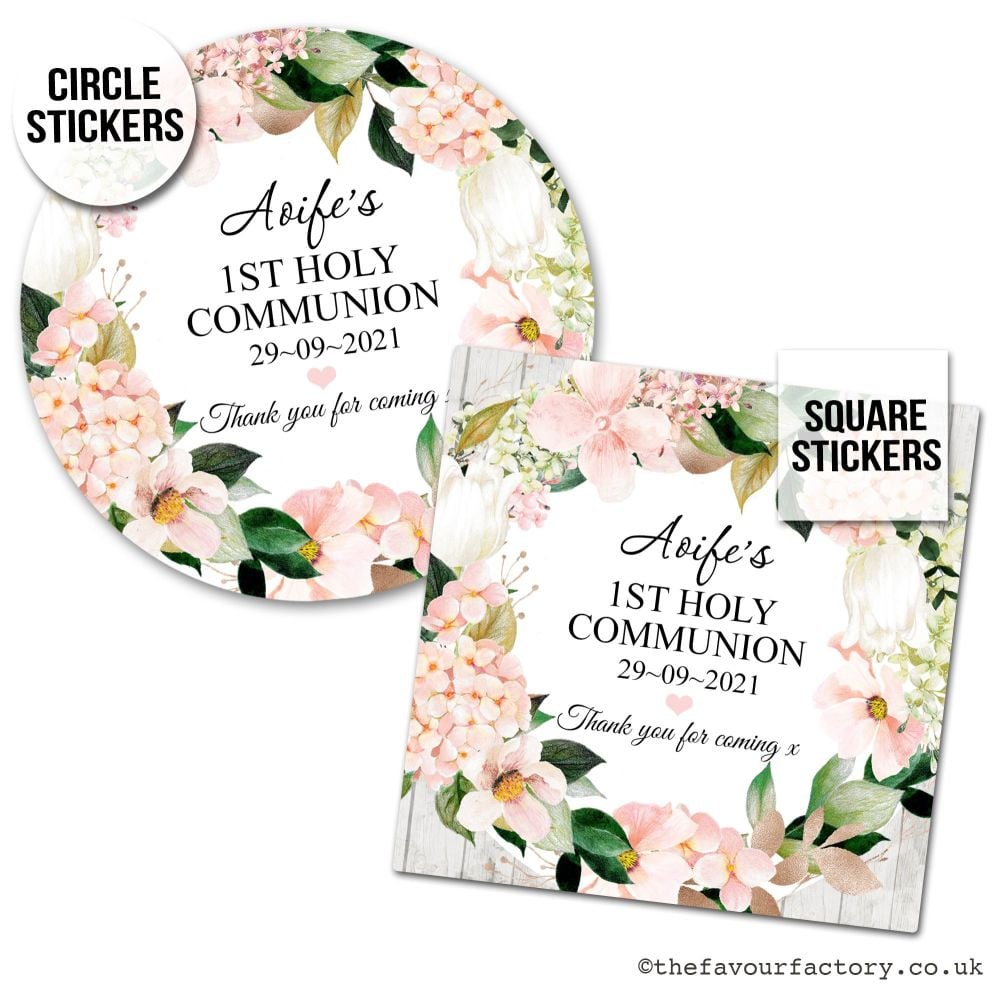 Holy Communion Favour Stickers Blush Hydrangeas x1