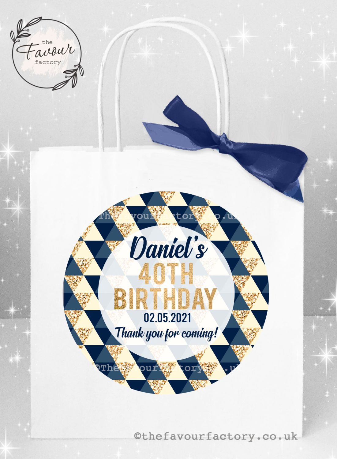 Personalised Birthday Party Bags Navy And Gold Geometric Shapes x 1