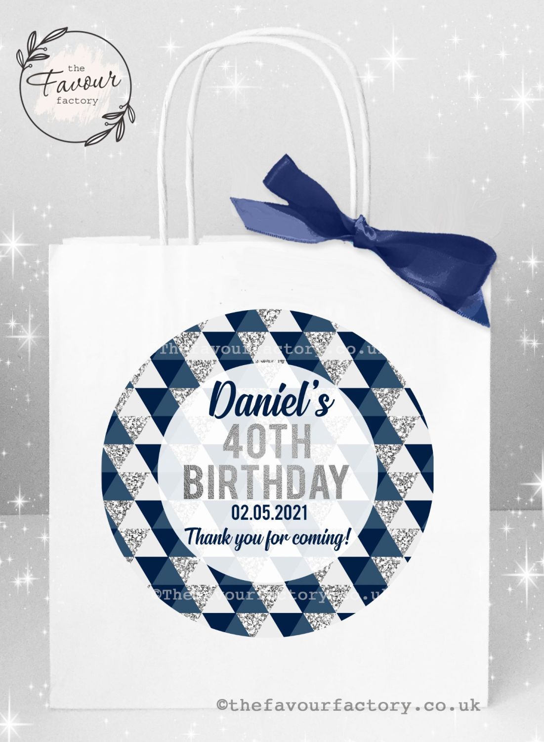 Personalised Birthday Party Bags Navy And Silver Geometric Shapes x 1