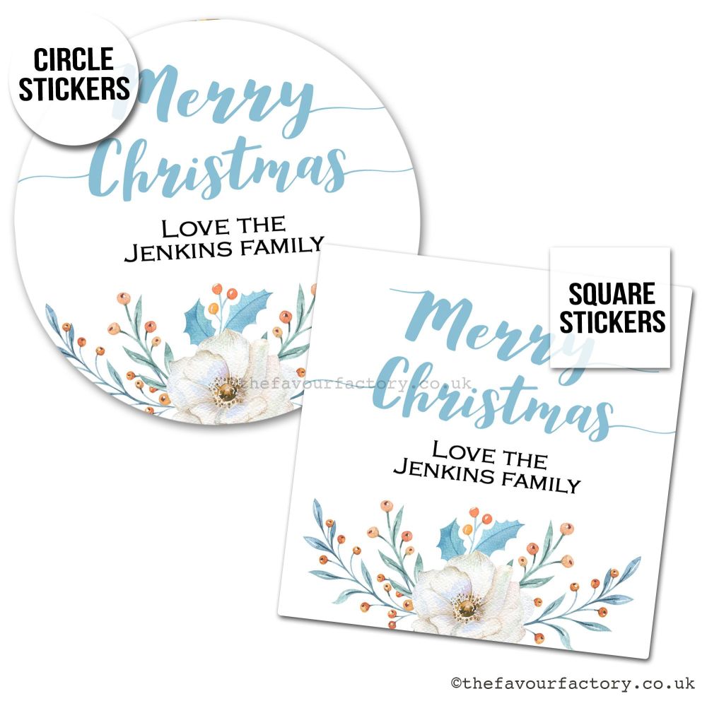 Christmas Stickers Blue Floral Holly - A4 Sheet x1