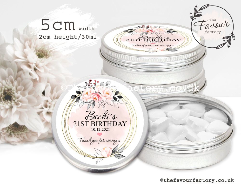 Adult Birthday Favour Tins Blush & Grey Watercolour Floral Frame x1