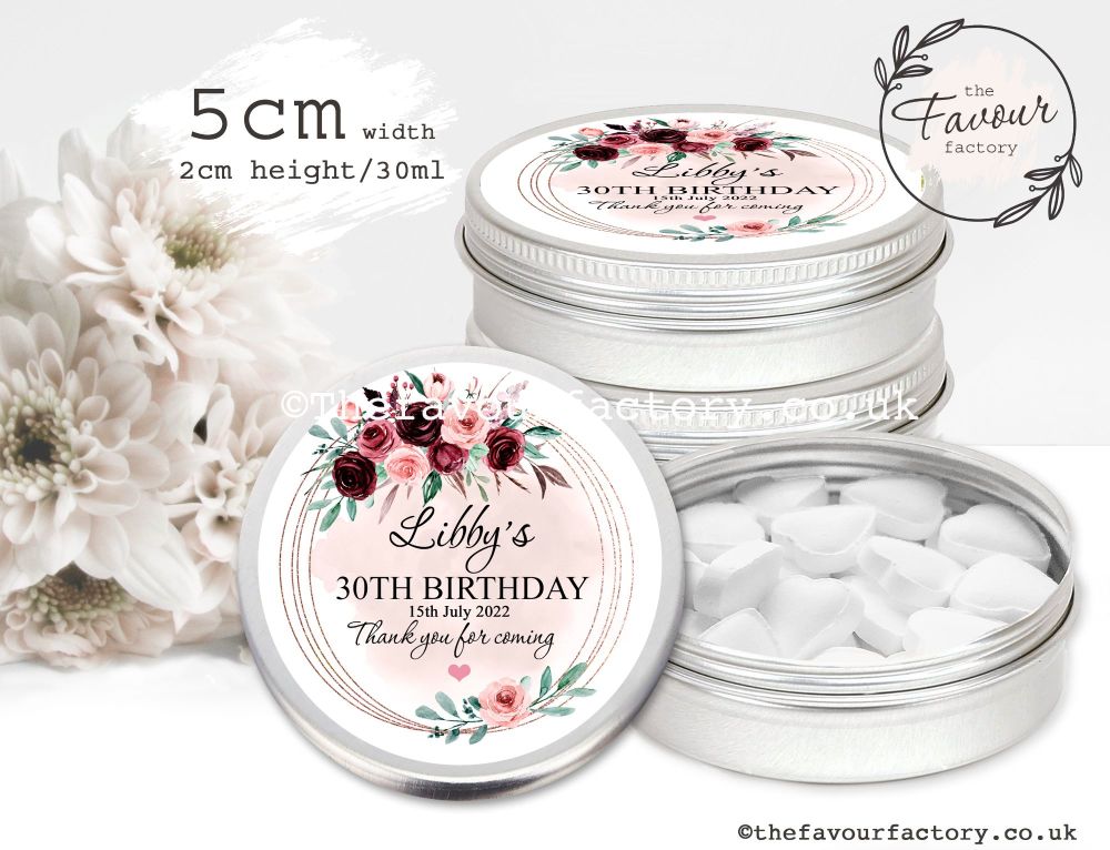 Adult Birthday Favour Tins Burgundy Blush Watercolour Floral Frame x1
