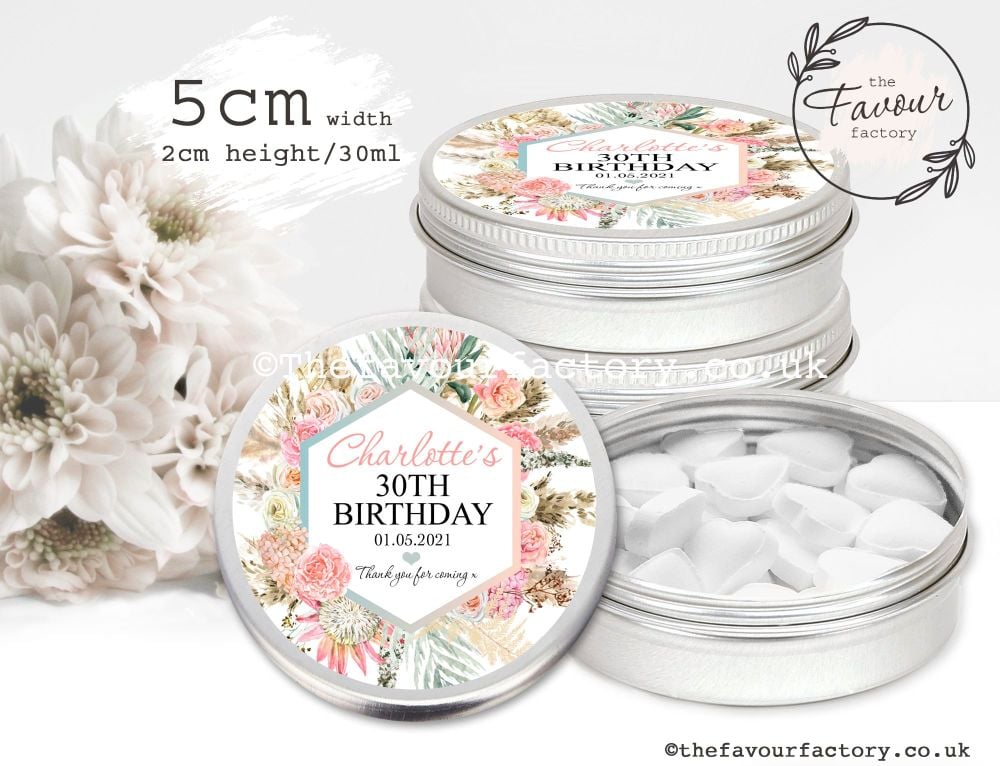 Adult Birthday Favour Tins Floral Pampas x1
