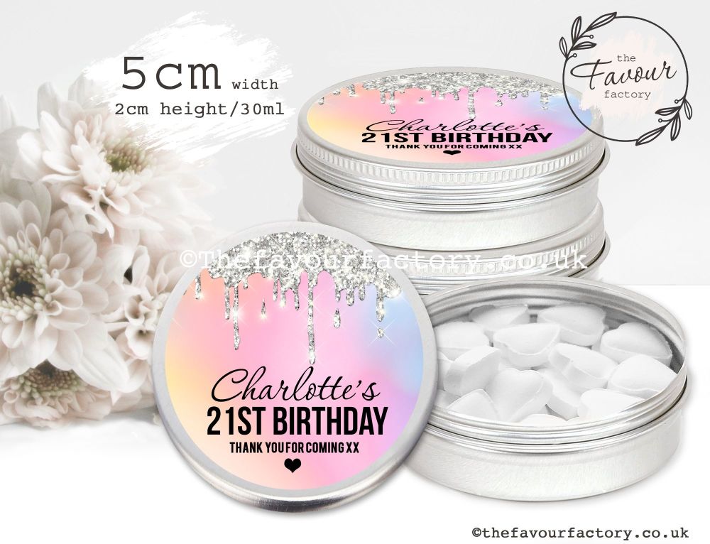 Adult Birthday Favour Tins Rainbow Silver Dripping Glitter x1