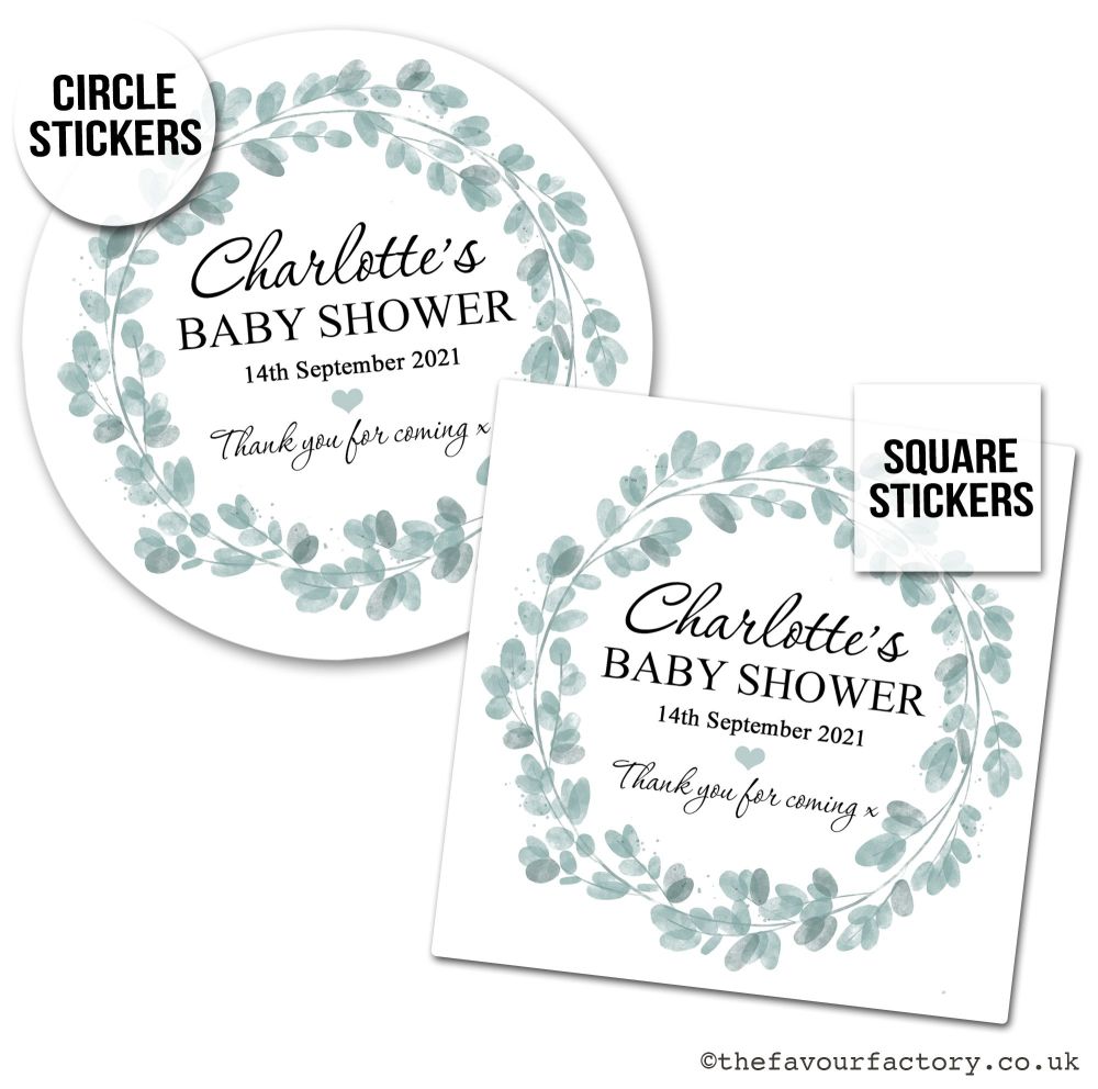 Baby Shower Favour Stickers Botanical Eucalyptus Wreath - A4 Sheet x1