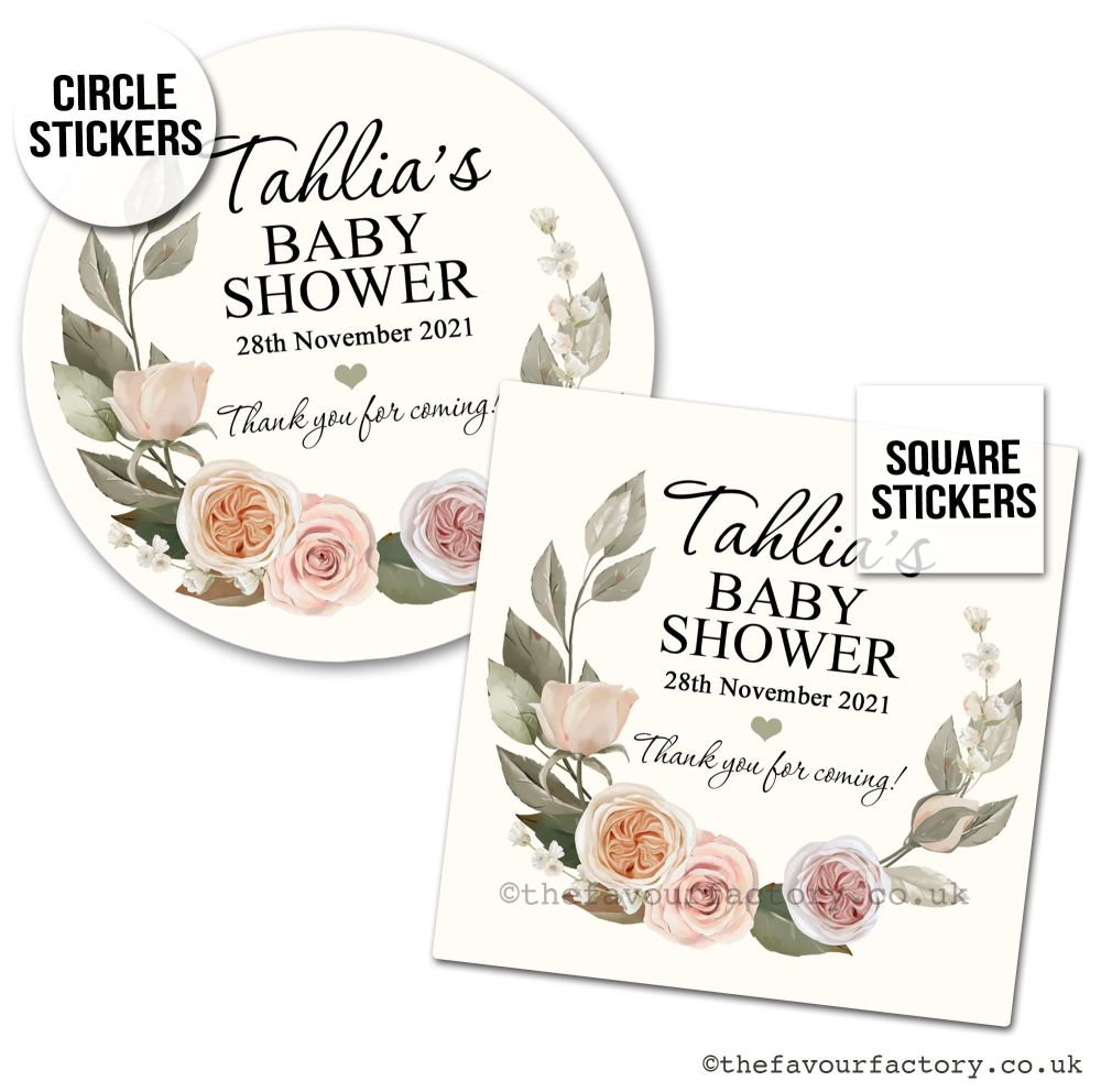 Baby Shower Favour Stickers Beige And Sage Floral Wreath - A4 Sheet x1