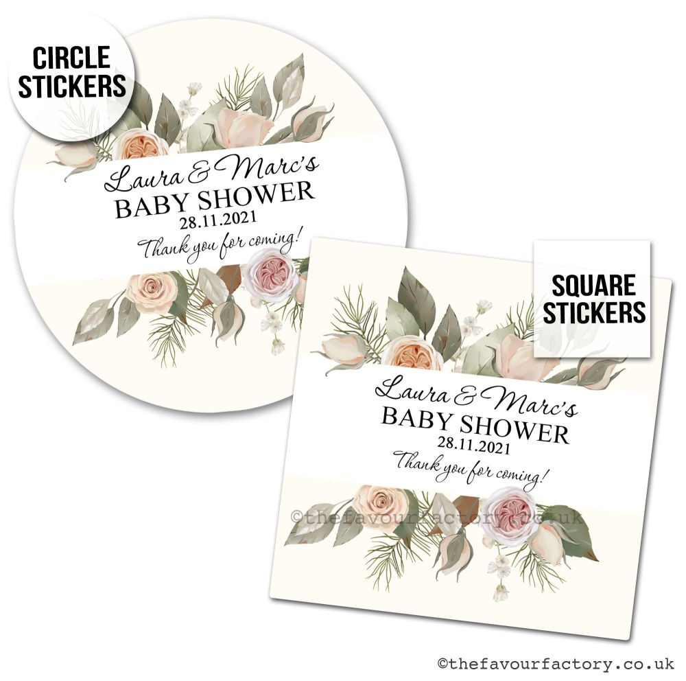 Personalised Stickers Baby Shower Beige And Sage Floral Frame - A4 Sheet x1