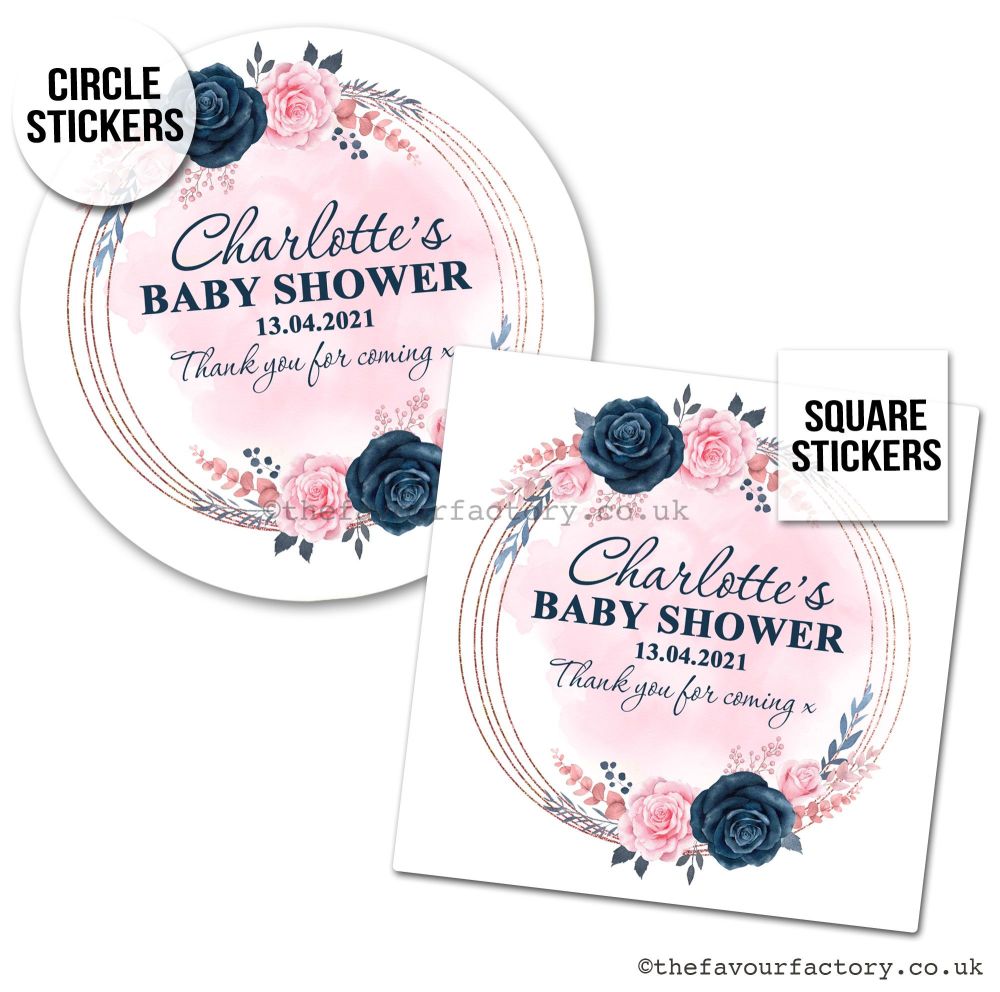 Baby Shower Favour Stickers Navy And Pink Floral Frame x1